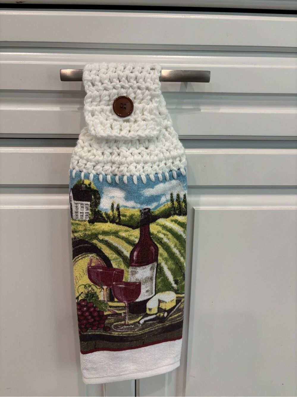 Crochet Top Kitchen Towel-Wine country with cheese